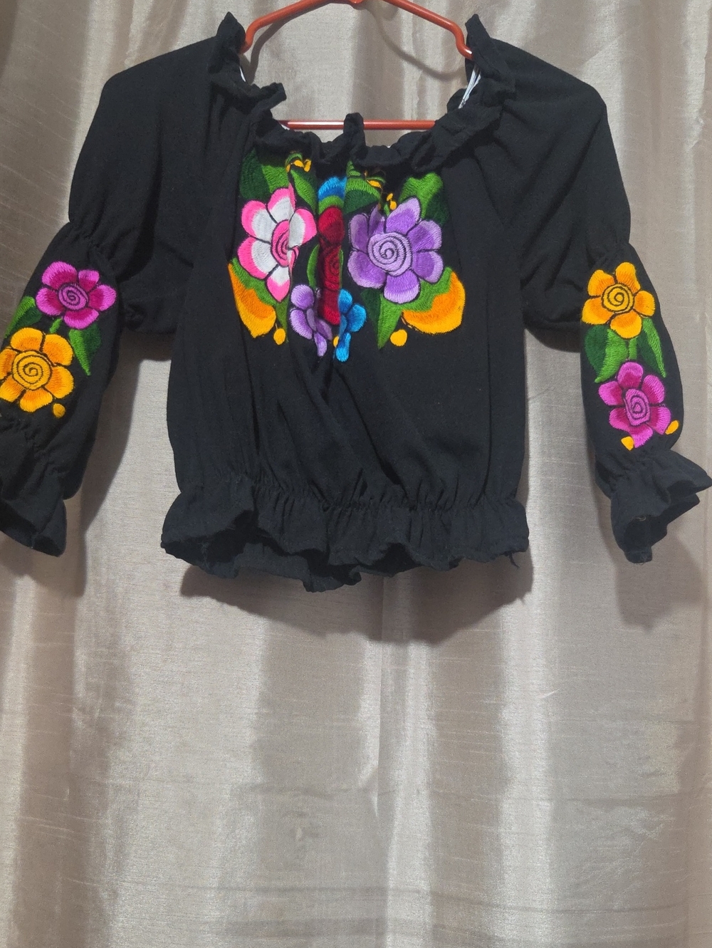 Girls Black Peasant Top with Hand Made  Colorful Floral Embroidery